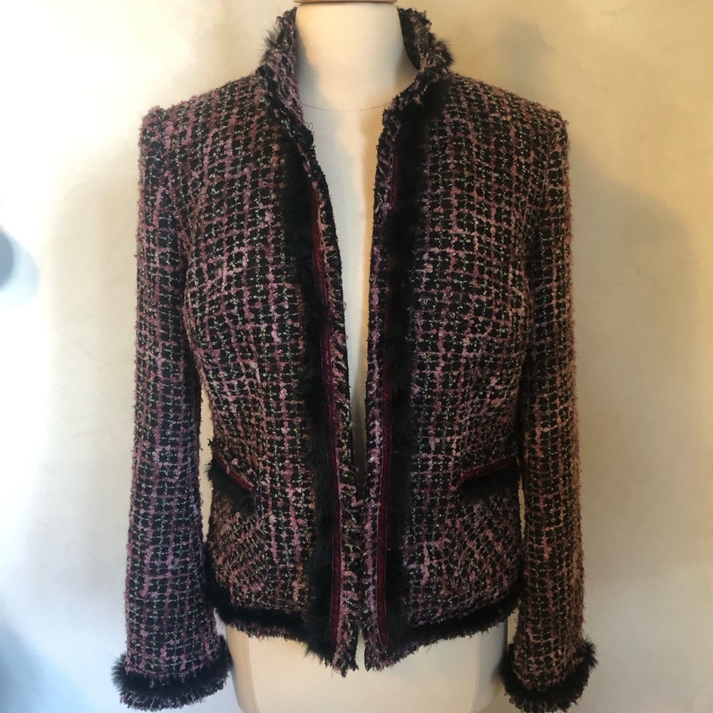 DS Essentials Rare Pink, Multi-Color Tweed Blazer black fur velvet trim Size 10 - Picture 12 of 13